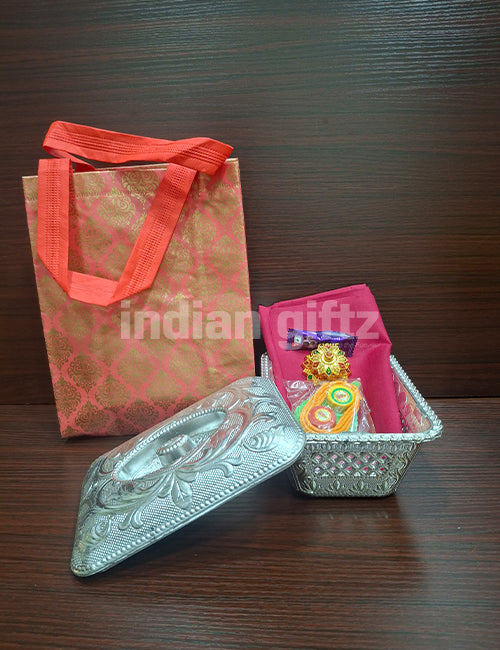 Non Woven Gift Bag with Silver Plastic Box Blouse Thambullam Set
