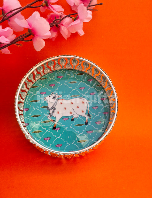 6 Inch German Silver Purple Pichwai Round Print Tray with 4 Inch Pichwai Jar Wedding Return Gift