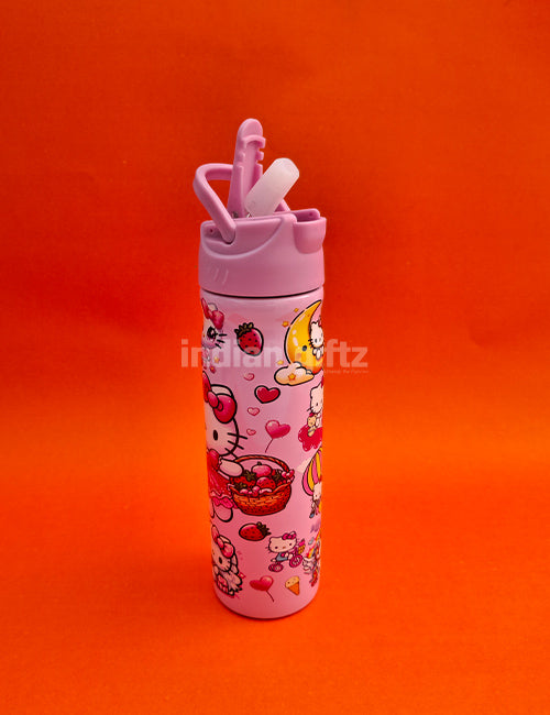 Hello Kitty Pink Insulated Stainless Steel Water Bottle – 500ml Double Wall Sipper with Straw – 500ml Hot & Cold Thermos with Straw. Suitable for Kids &, housewarming & Return gift