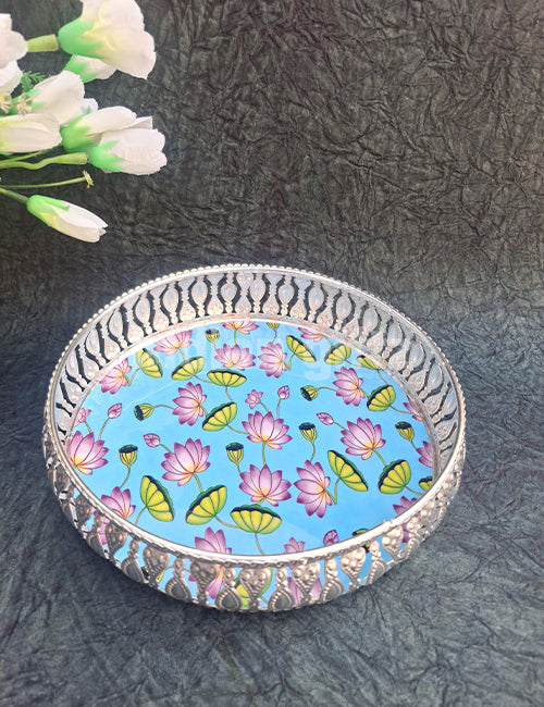 8 Inch German Silver Pichwai Round Blue Flower Print Tray Wedding Return Gift