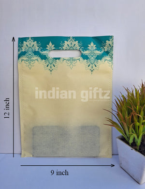 Yellow with Green Print Non Woven Bag For|Wedding| Birthday | Housewarming| All Events (12 × 9 inch)
