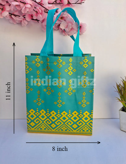Peacock Green With Golden Printed Patern Non Woven Bag For|Wedding| Birthday | Housewarming| All Events (11 × 8 inch)