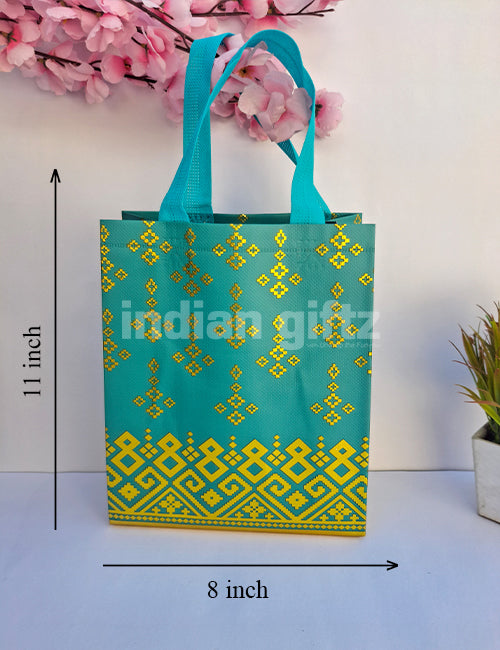 Peacock Green With Golden Printed Patern Non Woven Bag For|Wedding| Birthday | Housewarming| All Events (11 × 8 inch)
