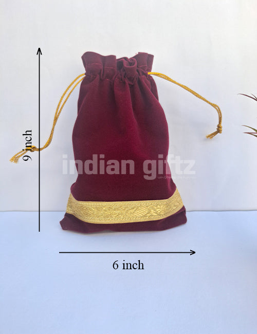 Maroon Velvet Potali Bag For Wedding| Housewarming| Navaratri| All Events  (9 x 6 inch)