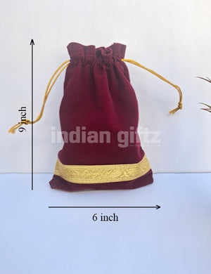 Maroon Velvet Potali Bag For Wedding| Housewarming| Navaratri| All Events  (9 x 6 inch)