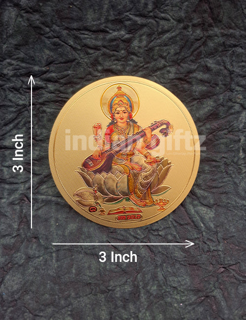 Round Gold Plated Self-Adhesive Saraswathi Lakshmi & Ganesha Sticker