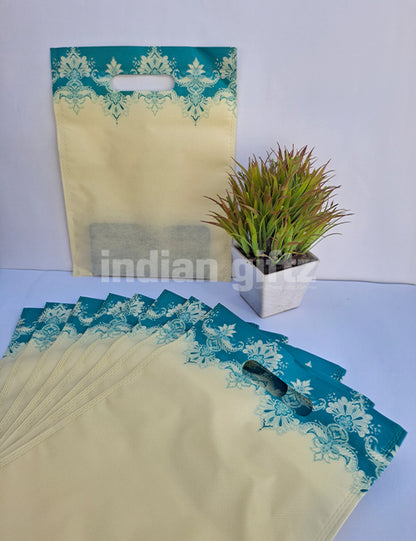 Yellow with Green Print Non Woven Bag For|Wedding| Birthday | Housewarming| All Events (12 × 9 inch)