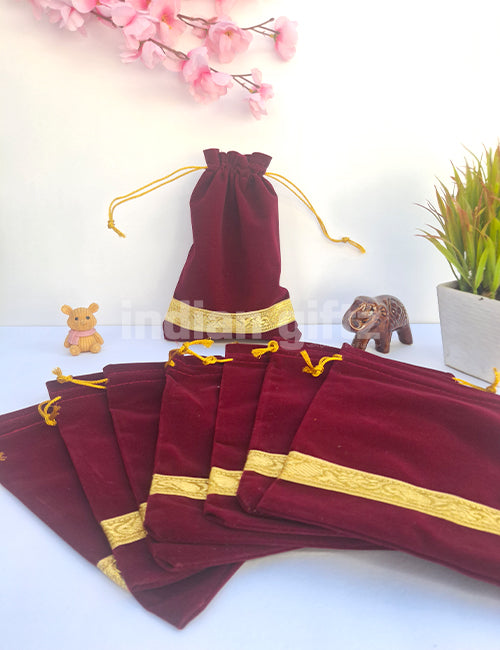 Maroon Velvet Potali Bag For Wedding| Housewarming| Navaratri| All Events  (9 x 6 inch)
