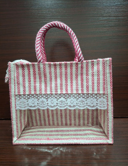 Red Lined  Window Jute Bag