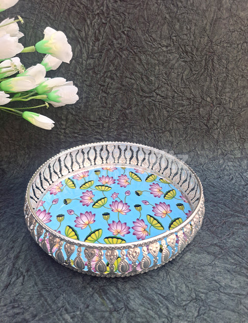 8 Inch German Silver Pichwai Round Blue Flower Print Tray Wedding Return Gift