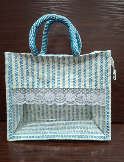 Blue Lined  Window Jute Bag