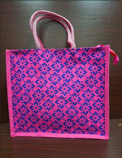 Blue Pink Flower Jute Bag