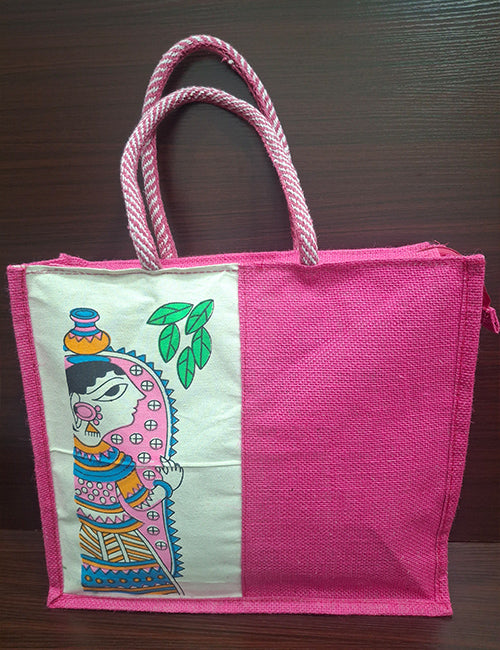 Durga Pink Print Jute Bag