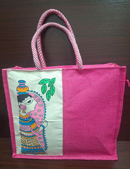 Durga Pink Print Jute Bag