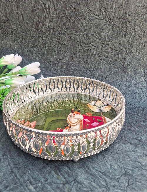 8 Inch German Silver Cow Pichwai Round Print Tray Wedding Return Gift