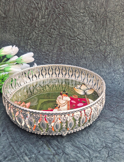 8 Inch German Silver Cow Pichwai Round Print Tray Wedding Return Gift