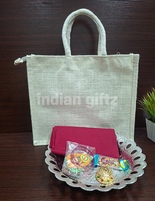 Silver Plastic Round Tray Jute Thambullam Bag Set