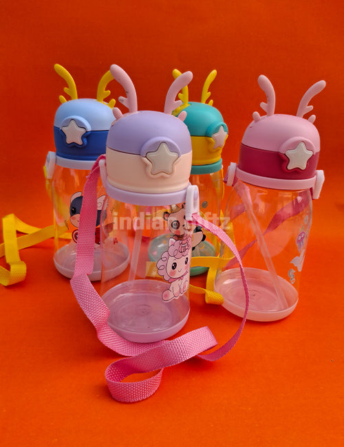 Multi-Cartoon Printed Kids Water Bottle with Straw & Strap – 600ml BPA-Free Plastic
