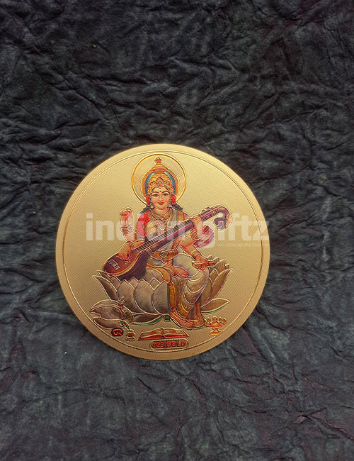Round Gold Plated Self-Adhesive Saraswathi Lakshmi & Ganesha Sticker
