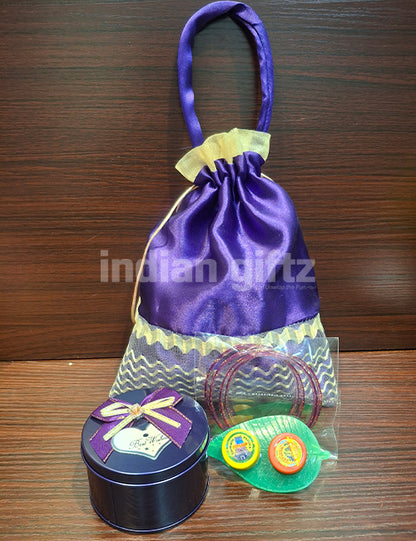 Designer Potli Bag with Round Tin Thambullam Set