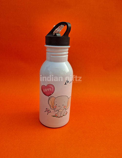 I Love You Elephant Printed Aluminium Sipper Water Bottle.  Suitable for Kids