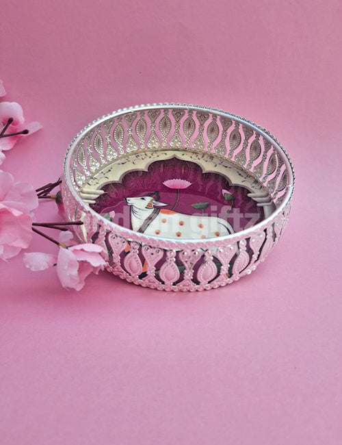 6 Inch German Silver Purple Pichwai Round Print Tray Wedding Return Gift (6 Inch)