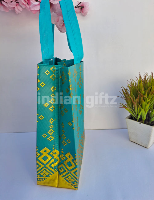 Peacock Green With Golden Printed Patern Non Woven Bag For|Wedding| Birthday | Housewarming| All Events (11 × 8 inch)