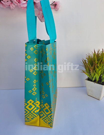Peacock Green With Golden Printed Patern Non Woven Bag For|Wedding| Birthday | Housewarming| All Events (11 × 8 inch)