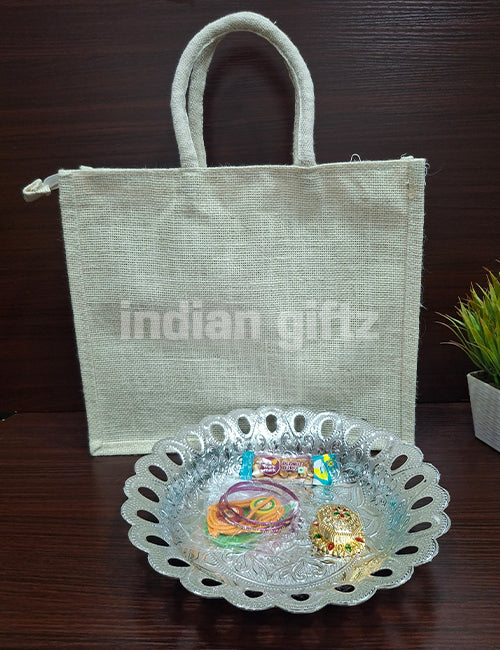 Round Silver Plastic Tray with Jute Thambullam Bag Set