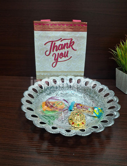 Round Silver Plastic Tray Thambullam Bag Set