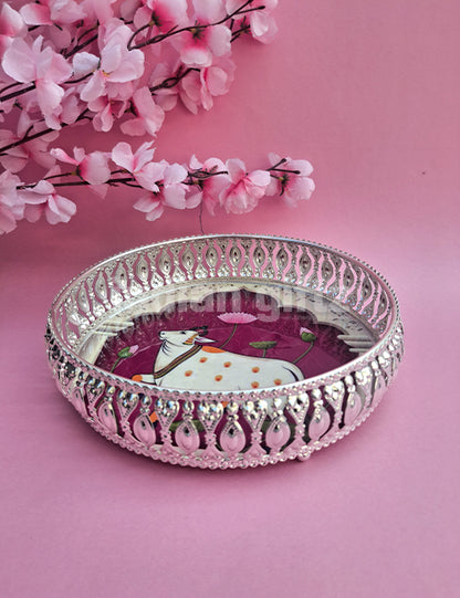 8 Inch German Silver Purple Cow Pichwai Round Print Tray Wedding Return Gift
