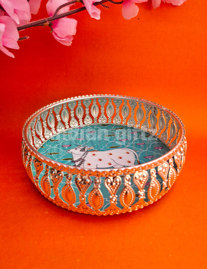 8 Inch German Silver Cow Pichwai Round Print Tray Wedding Return Gift