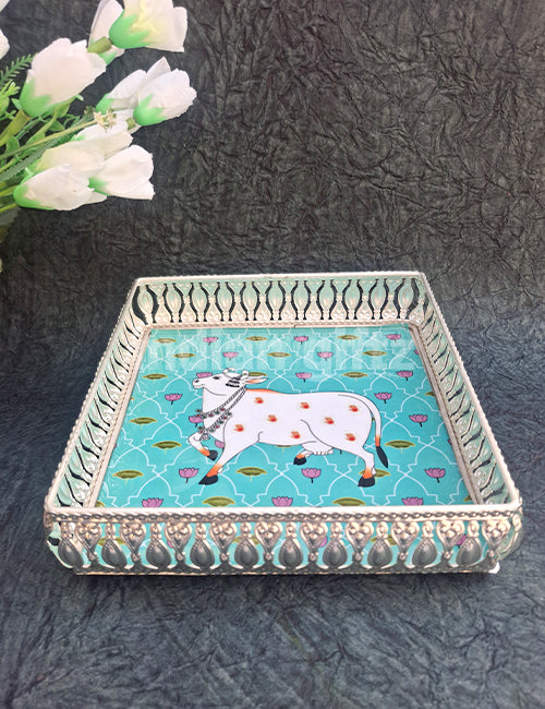 8 Inch Square German Silver Cow Pichwai Print Tray with Pichwai Jar 4 Inch Wedding Return Gift