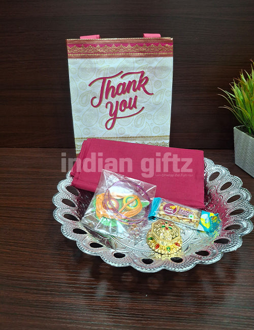 Round Silver Plastic Tray Blouse Thambullam Bag Set