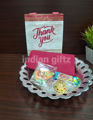 Round Silver Plastic Tray Blouse Thambullam Bag Set