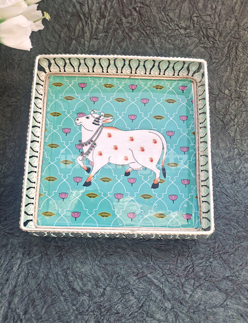 8 Inch Square German Silver Cow Pichwai Print Tray Wedding Return Gift