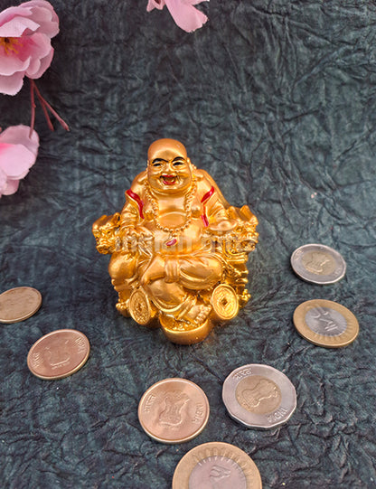 Laughing Buddha Sitting On Chair Statue Gold Polyresin