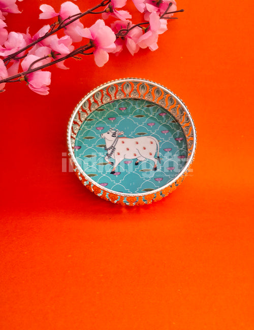 6 Inch German Silver Purple Pichwai Round Print Tray with 4 Inch Pichwai Jar Wedding Return Gift