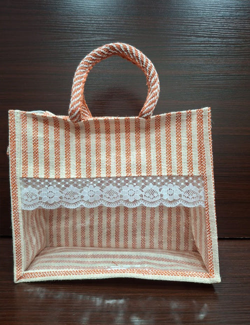 Orange Lined  Window Jute Bag