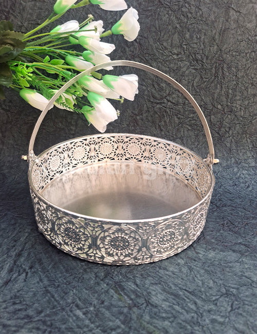 8-Inch German Silver Decorative Basket Suitable for Sweets, Pooja & Festive Gifting
