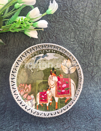 8 Inch German Silver Cow Pichwai Round Print Tray Wedding Return Gift