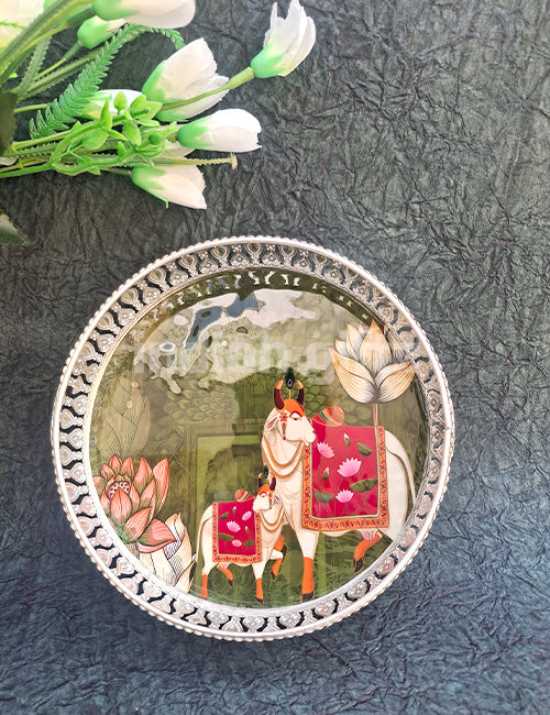 8 Inch German Silver Cow Pichwai Round Print Tray Wedding Return Gift
