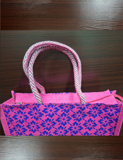 Blue Pink Flower Jute Bag
