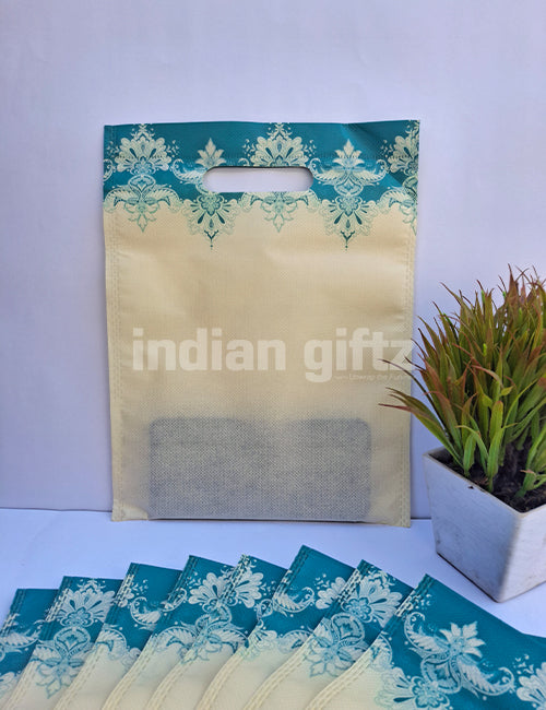 Yellow with Green Print Non Woven Bag For|Wedding| Birthday | Housewarming| All Events (12 × 9 inch)