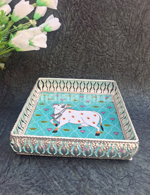 8 Inch Square German Silver Cow Pichwai Print Tray with Pichwai Jar 4 Inch Wedding Return Gift