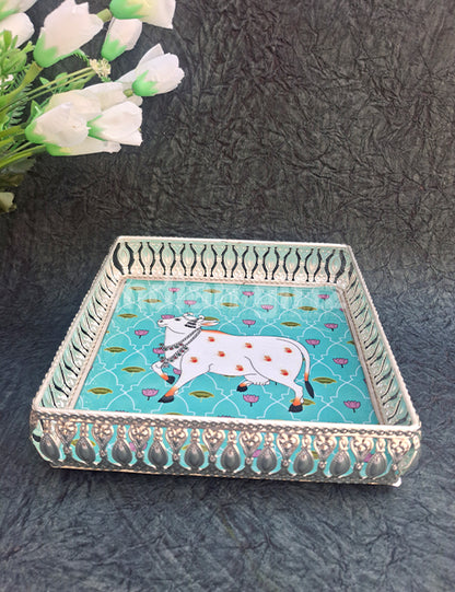 8 Inch Square German Silver Cow Pichwai Print Tray with Pichwai Jar 4 Inch Wedding Return Gift