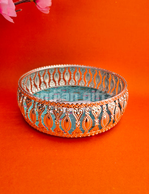 8 Inch German Silver Cow Pichwai Round Print Tray Wedding Return Gift