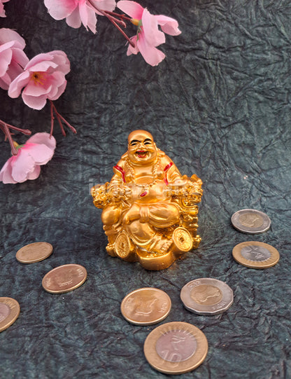 Laughing Buddha Sitting On Chair Statue Gold Polyresin