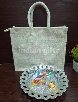 Round Silver Plastic Tray with Jute Thambullam Bag Set