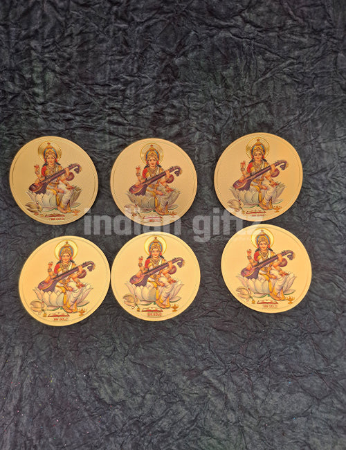 Round Gold Plated Self-Adhesive Saraswathi Lakshmi & Ganesha Sticker